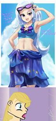 Size: 798x1719 | Tagged: safe, artist:chigusa, derpibooru import, edit, prince blueblood, trixie, human, anime, armpits, aroused, belly button, bikini, bluetrix, clothes, dialogue, female, hand on hip, humanized, male, midriff, open mouth, sarong, shipping, smiling, straight, sunglasses, swimsuit