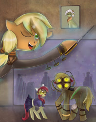 Size: 1789x2267 | Tagged: safe, artist:ladymonotone, derpibooru import, apple bloom, applejack, big macintosh, granny smith, earth pony, pony, big daddy, big sister, bioshock, little sister, rapture