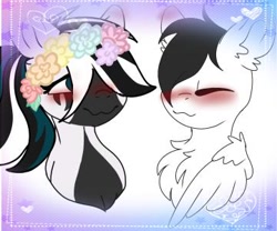 Size: 360x300 | Tagged: safe, artist:fusion sparkle, artist:skybloom95, derpibooru import, oc, oc:zefia, zebra, base, black and white, blushing, cute smile, ear blush, flower, flower in hair, grayscale, monochrome, oc x oc, original art, original character do not steal, pastel frame, pegaso, shipping, simple background, stras, sweet, white background