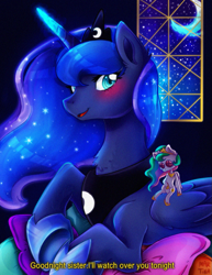 Size: 917x1185 | Tagged: safe, artist:meqiopeach, derpibooru import, princess celestia, princess luna, alicorn, pony, art, blushing, bust, commission, cute, drawing, dream, female, glowing horn, glowing mane, horn, indoors, lunabetes, magic, mare, moon, moonlight, night, night sky, plushie, quote, shading, shadow, sky, sparkles, toy, ych example, ych result, your character here