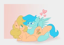 Size: 2896x2046 | Tagged: safe, artist:ponyangle, derpibooru import, pegasus, pony, unicorn, chest fluff, female, lesbian, looking at each other, mare, shipping, simple background