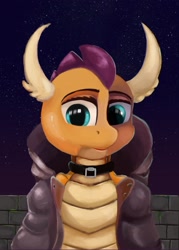 Size: 1920x2689 | Tagged: safe, artist:meodaiduoi, derpibooru import, smolder, anthro, dragon, collar, horn, looking at you, night, parka, simple background