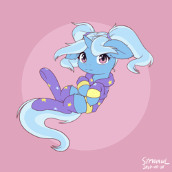 Size: 1200x1200 | Tagged: safe, artist:symbianl, derpibooru import, trixie, pony, unicorn, alternate hairstyle, animated, babysitter trixie, clothes, cute, diatrixes, female, filly, filly trixie, floating, gameloft, gameloft interpretation, hoodie, looking at you, socks, solo, younger