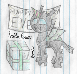 Size: 2007x1938 | Tagged: safe, artist:mlplayer dudez, derpibooru import, oc, oc only, changeling, banner, birthday, cute, fangs, happy, hat, lined paper, party hat, present, signature, smiling, solo, standing, traditional art