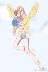 Size: 2000x3000 | Tagged: safe, artist:清酒上仙, derpibooru import, fluttershy, rainbow dash, human, carrying, child, clothes, duo, female, flying, humanized, shorts, winged humanization, wings, younger