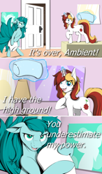 Size: 394x673 | Tagged: safe, artist:notetaker, derpibooru import, oc, oc only, oc:ambient waves, oc:scarlet serenade, pony, unicorn, bed, comic, duo, female, feral, full body, magic, mare, meme, pillow, pillow fight, star wars