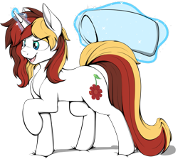 Size: 793x711 | Tagged: safe, artist:notetaker, derpibooru import, oc, oc only, oc:scarlet serenade, pony, unicorn, female, feral, full body, magic, mare, pillow, simple background, solo, transparent background