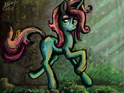 Size: 680x512 | Tagged: safe, artist:dreamyskies, derpibooru exclusive, derpibooru import, oc, unicorn, abstract background, looking at you, rough sketch, scenery, signature, unknown pony, walking away