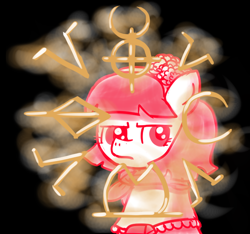 Size: 640x600 | Tagged: safe, artist:ficficponyfic, derpibooru import, part of a set, oc, oc:mulberry telltale, cyoa, cyoa:madness in mournthread, flower, frown, glow, headband, looking to the right, magic runes, monochrome, neckerchief, shawl, story included, thinking, thoughtful