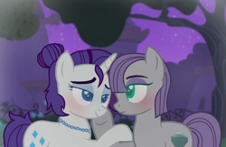 Size: 1576x1029 | Tagged: safe, artist:bittersweethare, artist:shiibases, derpibooru import, maud pie, rarity, earth pony, pony, unicorn, alternate hairstyle, base used, bedroom eyes, blushing, eyeshadow, female, jewelry, lesbian, makeup, mare, necklace, pearl necklace, raised hoof, rarimaud, shipping