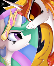 Size: 4000x4800 | Tagged: safe, artist:ser-p, derpibooru import, daybreaker, princess celestia, alicorn, pony, absurd resolution, bust, duality, eyelashes, female, mare, peytral