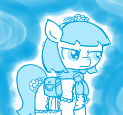 Size: 640x600 | Tagged: safe, artist:ficficponyfic, derpibooru import, part of a set, oc, oc:mulberry telltale, angry, bag, boots, clothes, cyoa, cyoa:madness in mournthread, dress, flower, focused, headband, looking to the right, monochrome, neckerchief, shawl, shoes, story included