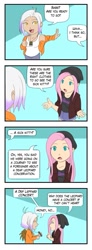 Size: 467x1267 | Tagged: safe, artist:eve-ashgrove, derpibooru import, fluttershy, gilda, human, 4koma, chibi, cinderella (band), comic, cute, def leppard, dialogue, female, foreigner, gildadorable, gildashy, humanized, journey (band), lesbian, misunderstanding, shipping, shyabetes, winged humanization, wings