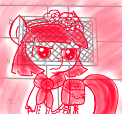 Size: 640x600 | Tagged: safe, artist:ficficponyfic, derpibooru import, part of a set, oc, oc:mulberry telltale, bag, boots, clothes, cyoa, cyoa:madness in mournthread, dress, ears up, flower, frown, headband, looking through grate, monochrome, neckerchief, serious, serious face, shawl, shoes, story included, transparent