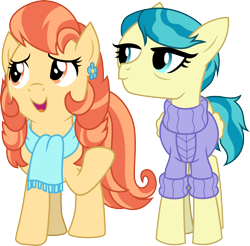 Size: 3000x2949 | Tagged: safe, artist:cloudyglow, derpibooru import, aunt holiday, auntie lofty, earth pony, the last crusade, .ai available, clothes, duo, female, high res, lesbian, open mouth, raised hoof, scarf, simple background, smiling, sweater, transparent background, vector