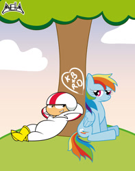 Size: 1098x1392 | Tagged: safe, artist:avellante, derpibooru import, rainbow dash, pegasus, pony, bedroom eyes, cloud, crossover, crossover shipping, female, interspecies, kick buttowski, kick buttowski suburban daredevil, kickbow, love, male, romance, shipping, smiling, straight, tree