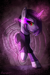 Size: 2000x3000 | Tagged: safe, artist:jedayskayvoker, derpibooru import, oc, oc only, pony, unicorn, clothes, glowing horn, high res, horn, male, nose piercing, piercing, raised hoof, solo, sombra eyes, wall