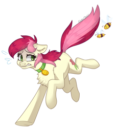 Size: 2466x2742 | Tagged: safe, artist:chibadeer, derpibooru import, roseluck, bee, insect, pony, animal, chest fluff, collar, cute, female, nonsentient, pet tag, pony pet, rosepet, running, scary, simple background, solo, white background