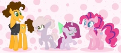 Size: 1024x453 | Tagged: safe, artist:bittersweethare, artist:selenaede, derpibooru import, cheese sandwich, pinkie pie, oc, oc:little berry, oc:sugar cube, earth pony, pony, unicorn, alternate hairstyle, base used, cheesepie, clothes, coat markings, female, filly, grin, male, mare, offspring, open mouth, parent:cheese sandwich, parent:pinkie pie, parents:cheesepie, raised hoof, shipping, shirt, smiling, stallion, straight