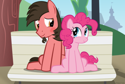 Size: 6398x4331 | Tagged: safe, artist:mrkat7214, derpibooru import, pinkie pie, oc, oc:ace play, earth pony, pony, absurd resolution, bench, blushing, canon x oc, cute, facial hair, female, goatee, looking at each other, male, mare, pinkieplay, shipping, show accurate, sitting, smiling, stallion, straight, vector