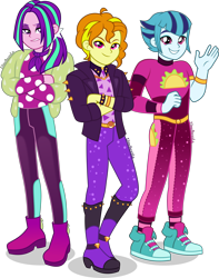 Size: 3539x4500 | Tagged: safe, artist:limedazzle, derpibooru import, adagio dazzle, allegro amoroso, aria blaze, ouvertis grandioso, scherzo lesto, sonata dusk, better together, equestria girls, sunset's backstage pass!, clothes, converse, crossed arms, equestria guys, eyeshadow, jacket, looking at you, makeup, pants, rule 63, shoes, simple background, the blindings, the dazzlings, transparent background, trio