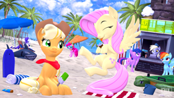 Size: 3840x2160 | Tagged: safe, artist:owlpirate, derpibooru import, applejack, derpy hooves, fluttershy, pinkie pie, rainbow dash, rarity, twilight sparkle, alicorn, earth pony, pegasus, pony, unicorn, 3d, beach, beach towel, bucket, cute, female, food, hat, ice cream, inflatable, inflatable toy, mane six, mare, palm tree, pool toy, popsicle, shyabetes, source filmmaker, surfboard, tongue out, tree, umbrella