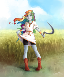 Size: 998x1200 | Tagged: safe, artist:vyazinrei, derpibooru import, rainbow dash, equestria girls, alternate hairstyle, boots, clothes, compression shorts, dress, female, grass, may day, pagan, shoes, sickle, signature, slavic