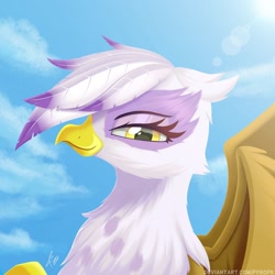 Size: 1280x1280 | Tagged: safe, artist:pyropk, derpibooru import, gilda, griffon, bust, feather, female, looking at you, portrait, sky, solo, wings