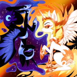Size: 1300x1300 | Tagged: safe, artist:candy0s, derpibooru import, daybreaker, nightmare moon, alicorn, pony, a royal problem, constellation, duo, ethereal mane, female, mane of fire, mare, sitting, spread wings, starry mane, upside down, wings