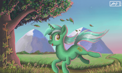Size: 854x512 | Tagged: safe, artist:dreamyskies, derpibooru import, lyra heartstrings, pony, unicorn, background pony, female, fluffy, grass, grass field, happy, leaves, looking at you, lowres, mare, mountain, open mouth, running, scenery, scenery porn, signature, sunrise, tree, virginia creeper