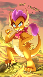 Size: 2160x3840 | Tagged: safe, artist:sintakhra, derpibooru import, smolder, dragon, tumblr:studentsix, badass, badass adorable, bandana, cute, lava, neckerchief, solo