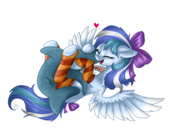 Size: 1280x1000 | Tagged: safe, artist:crystalbay, artist:crystalbay25, derpibooru import, oc, oc:crystal bay, pegasus, pony, shark, blue, blåhaj, bow, clothes, cuddly, cute, friendship, hair bow, heart, hug, ikea, love, pegasus oc, purple, shark plushie, simple background, socks, soft, spreading, striped socks, transparent background, wings