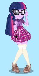 Size: 1800x3500 | Tagged: safe, artist:artmlpk, derpibooru import, sci-twi, twilight sparkle, equestria girls, adorable face, adorkable, alternate hairstyle, beautiful, boots, clothes, cute, digital art, dork, female, high heel boots, high heels, kneesocks, looking at you, nerd, shoes, skirt, smiling, smiling at you, socks, solo, thigh highs, twiabetes, watermark