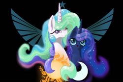 Size: 600x400 | Tagged: safe, artist:banoodle, derpibooru import, princess celestia, princess luna, alicorn, pony, black background, bust, crescent moon, duo, ethereal mane, female, mare, moon, siblings, simple background, sisters, smiling, starry mane, sun, tangible heavenly object, transparent moon