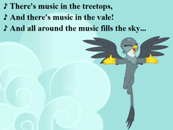 Size: 864x648 | Tagged: safe, derpibooru import, edit, edited screencap, screencap, gabby, filli vanilli, the fault in our cutie marks, cloud, cropped, cute, gabbybetes, lyrics, music in the treetops, singing, song reference, text