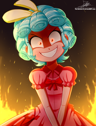Size: 1220x1600 | Tagged: safe, artist:the-butch-x, derpibooru import, cozy glow, human, equestria girls, adoracreepy, clothes, creepy, cute, dress, edgy, equestria girls-ified, evil, evil grin, eyes on the prize, female, fire, glowing eyes, grin, humanized, looking at you, nightmare fuel, pure concentrated unfiltered evil of the utmost potency, signature, smiling, solo, some mares just want to watch the world burn