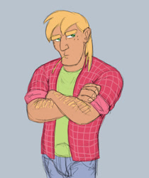 Size: 722x860 | Tagged: safe, artist:carnifex, big macintosh, human, clothes, humanized, jeans, male, plaid, simple background, solo, thick eyebrows