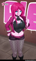 Size: 688x1175 | Tagged: safe, artist:clouddg, pinkie pie, equestria girls, belly button, belt, big breasts, boots, breasts, choker, cleavage, clothes, erect nipples, female, fishnets, jacket, latex, leather jacket, looking at you, midriff, nipple outline, open mouth, pinkamena diane pie, pinkie pies, shoes, shorts, solo, spiked choker