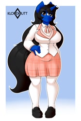 Size: 1080x1620 | Tagged: safe, artist:kloudmutt, oc, oc:klodette, anthro, unicorn, big breasts, black hair, breasts, brown eyes, clothes, female, hand on hip, long hair, schoolgirl, shoes, socks, solo