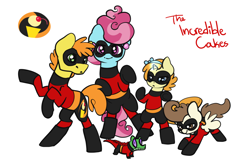 Size: 1280x853 | Tagged: safe, artist:otterlore, carrot cake, cup cake, gummy, pound cake, pumpkin cake, action pose, bipedal, masked, parody, raised hoof, the incredibles