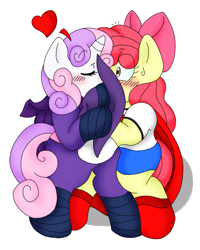 Size: 1601x2005 | Tagged: safe, artist:blackbewhite2k7, apple bloom, mare do well, sweetie belle, blushing, female, kissing, lesbian, shipping, superfilly, supergirl, sweetie do well, sweetiebloom