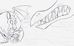 Size: 900x557 | Tagged: safe, artist:queencold, manny roar, dragon, manticore, baby dragon, female, imminent death, monochrome, mother and child, mother and son, parent and child, sketch, smoke