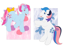 Size: 4000x3000 | Tagged: safe, artist:phoenix-flyer, gingerbread, sweet stuff, earth pony, pony, twinkle eyed pony, g1, bow, cutie mark background, duo, female, mare, tail bow