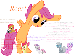 Size: 800x600 | Tagged: safe, apple bloom, babs seed, diamond tiara, scootaloo, silver spoon, sweetie belle, pony, giant pony, growth, simple background, text, transparent background