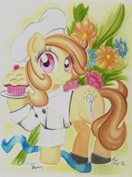 Size: 1872x2501 | Tagged: safe, artist:misschang, oc, oc only, oc:sugar spoon, earth pony, pony, chef's hat, cupcake, female, food, hat, looking at you, mare, smiling