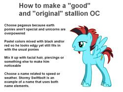 Size: 881x660 | Tagged: safe, oc, oc only, pegasus, pony, pony creator, donut steel, edgy, eyebrow piercing, facial hair, goatee, how to, instructions, male, piercing, satire, stallion, stormy swiftbolt, text, tutorial, unshorn fetlocks