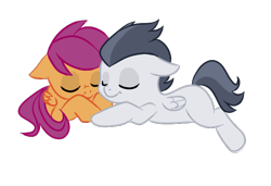 Size: 604x412 | Tagged: safe, artist:elslowmo, artist:jessy, rumble, scootaloo, female, male, rumbloo, shipping, sleeping, straight