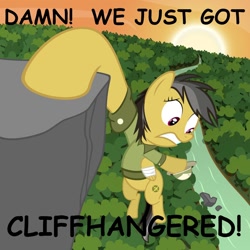 Size: 894x894 | Tagged: safe, artist:alkippe-mlp, artist:omgklint, daring do, cliff, cliffhanger, comic sans, falling, pun, vertigo