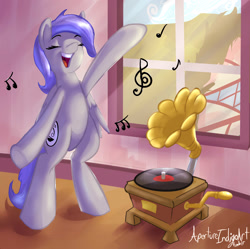 Size: 1351x1347 | Tagged: safe, artist:hoodoo, oc, oc only, oc:nightingale, pony, bipedal, commission, music, music notes, record player, solo, window