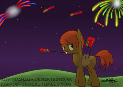 Size: 1024x724 | Tagged: safe, artist:boyindahaus, oc, oc only, oc:color boom, fireworks, solo